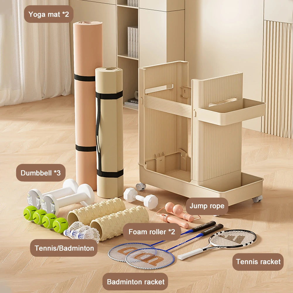 Gym Equipment Holder with Wheels Sports Equipment Storage Rack Yoga Mat Storage Basket Fitness Equipment Sports Tools Organizer